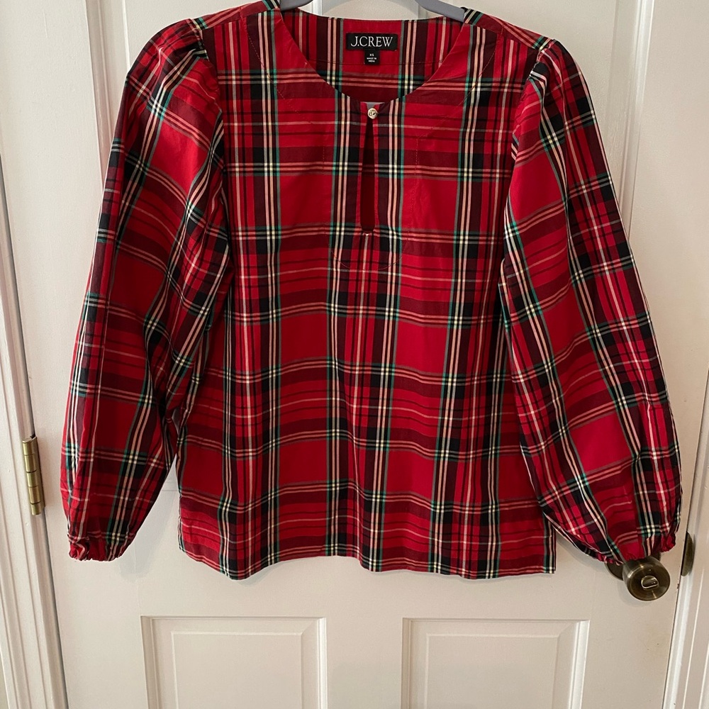 J crew red tartan blouse, size XS
